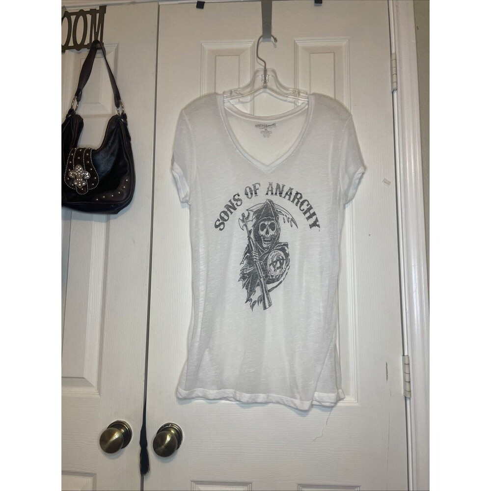 Sons of Anarchy Women Graphic Tee Size XL White Skull Reaper Logo Stretch Biker